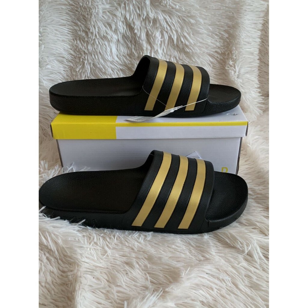Men’s Adidas Size 12 Adilette Aqua Slides Men's Coreblack/Gold Stripes Eg1758